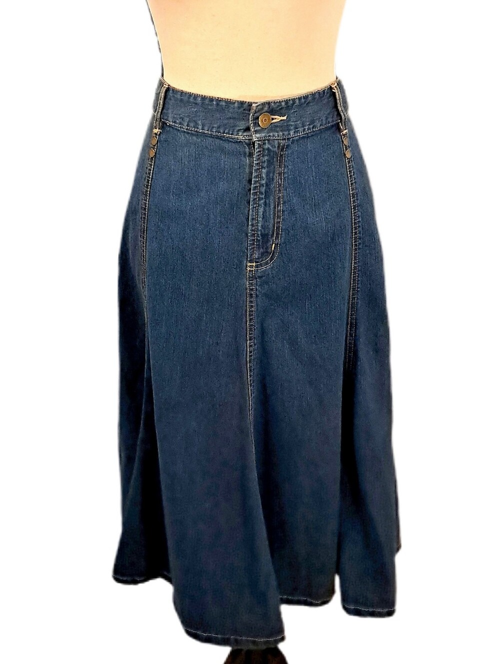 Vintage Relativity 90s Y2K Blue Denim Fluted Panel Midi Skirt Dark Wash 14